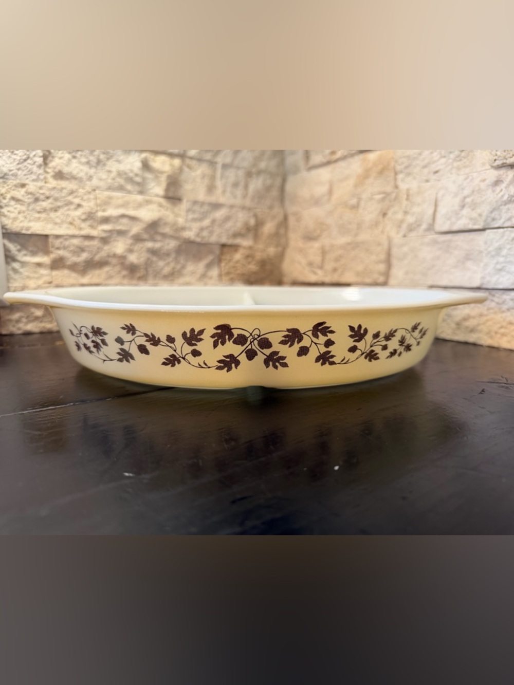 Pyrex Golden Acorn Divided Casserole Milk Glass Dish 1 1/2 Quart Vintage